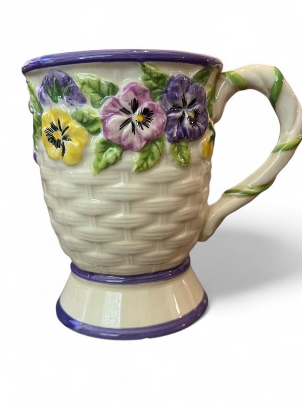 Vintage 90’s Cream Pansy Basketweave Ceramic Mug with Purple Trim